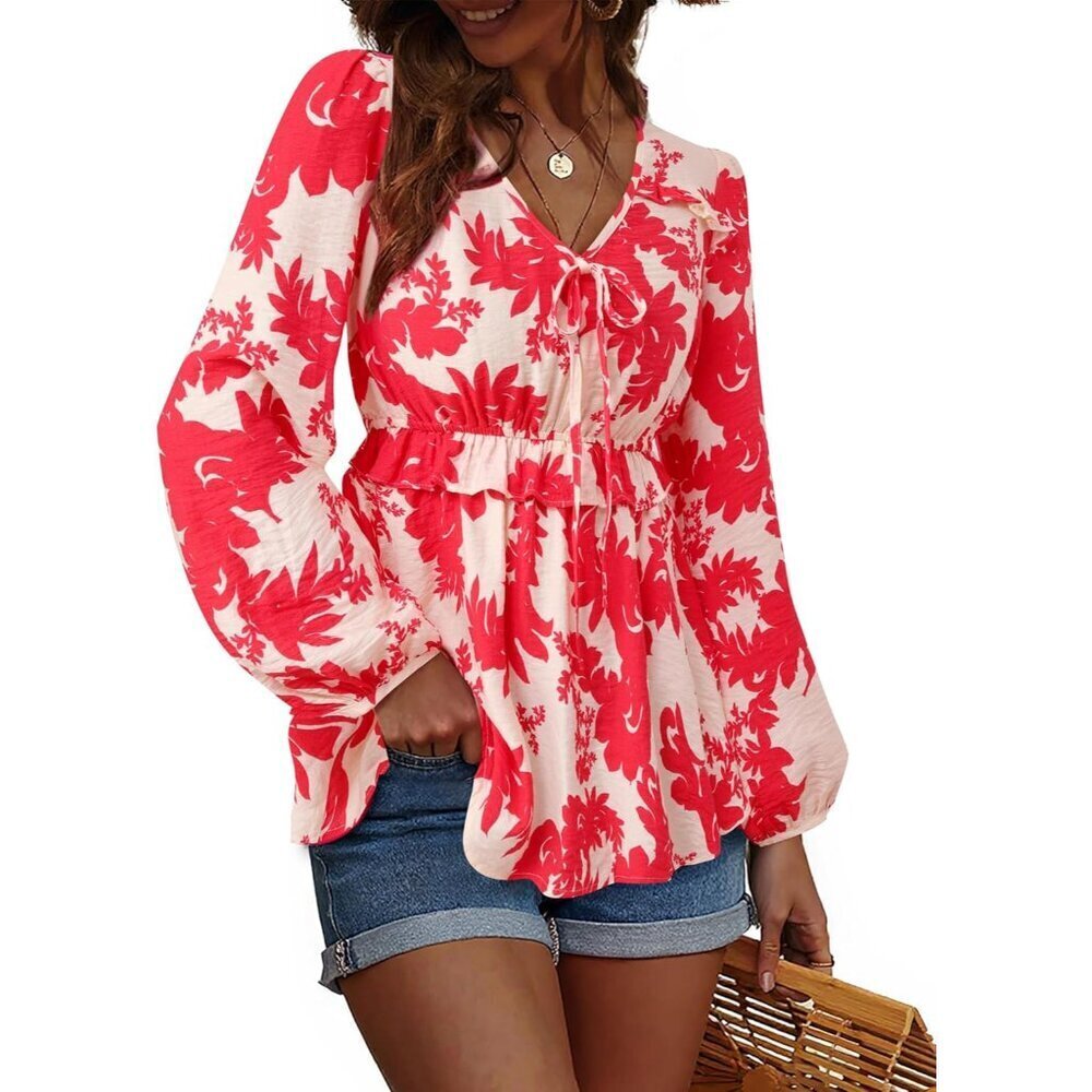 Women's Blouse Rayon Nylong V-Neck Ruffle Lantern Long Sleeve Fall Casual